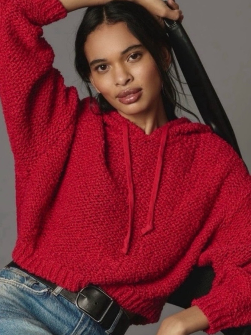 Pilcro Anthropologie Red Chunky Knit Hoodie Sweater